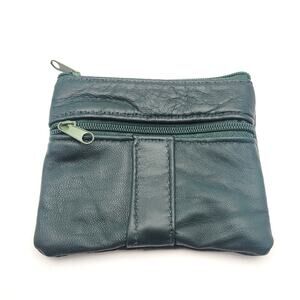 Green Leather Zip Coin Pouch Minimalist Soft Leather Small Wallet New Travel